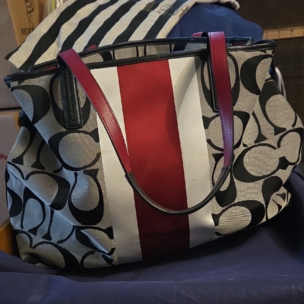 Coach Canvas Tote with Red Center Stripe and Black Trim
